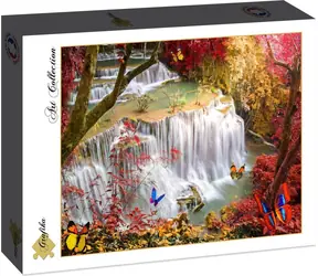 Grafikpuzzle Wasserfall im tiefen Wald / 2000 Teile / 98 x 69 cm