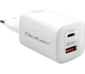 Qoltec 50765 GaN ULTRA Ladegerät weiß / Ladegerät / 65 W / 1x USB-A QC3.0 + 1x USB-C PD / 5-20 V