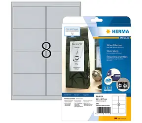Herma Etiketten A4 silber 99,1x67,7 mm / Etiketten / glänzende Polyesterfolie / wasserfest / laserbedruckbar / 200 Stück.