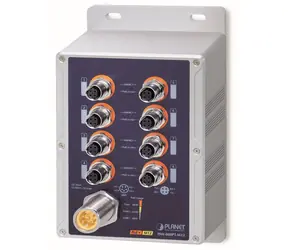 Planet wasserdichter PoE-Switch 8x FE M12 IP67 / Switch / 8x PoE 802.3at 180 W / -40 bis 75 °C / 12-56 VDC