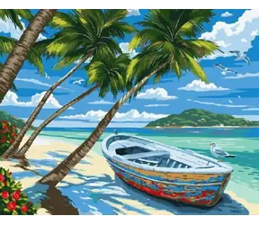 Norimpex Diamantmalerei Strand mit Palmen und Boot / 30x40 cm