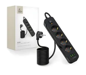 Tech-Protect PCL4X3 schwarz / Verlängerungskabel / 4X 240 V / 2x USB-A / 1x USB-C / 200 cm