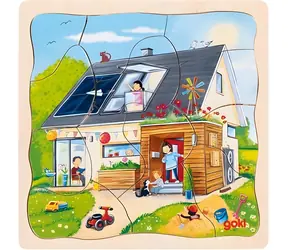 GOKI Mehrschichtpuzzle Hausbau / Holz / 20 x 20 cm