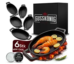 GUSSKÖNIG Set ovaler Mini-Gusseisenpfannen 6 × 11,7 cm / Set Gusseisenpfannen / gebrannt / für Backofen und Grill