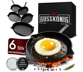 GUSSKÖNIG Gusseisen-Pfannenset 6× 13,7 cm / Gusseisen-Pfannenset / gebrannt / für Backofen und Grill
