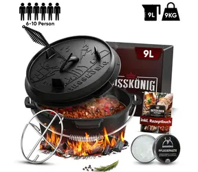 GUSSKÖNIG Gusseiserner Schmortopf Klassisch 9 l ohne Füße / Set mit Zubehör / Gusseisen