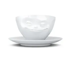 FIFTYEIGHT PRODUCTS Kaffeetasse Grinsend weiß / Tasse / 200 ml / Porzellan / Mit Untertasse / Spülmaschinen- und mikrowellengeeignet