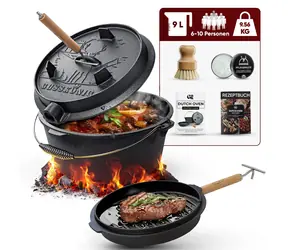 GUSSKÖNIG Gusseiserner Schmortopf 9L mit Füßen / Vorgebrannt / Für 6-10 Personen / Set mit Zubehör