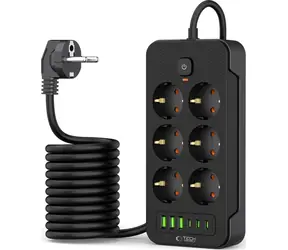 Tech-Protect Verlängerungskabel mit 6 Steckdosen, schwarz / Verlängerungskabel / 6x Steckdose / 2 m