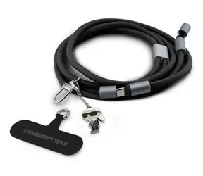 Karl Lagerfeld Ikonik Charm Strap schwarz / Handy-Tragegurt / USB-C/USB-C / Integriertes Ladekabel