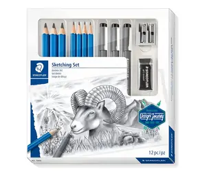 Staedtler Zeichenset / Graphitstifte und Fineliner / 7+3-teilig / Radiergummi und Anspitzer