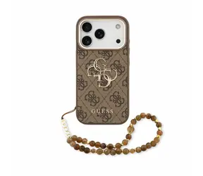 Guess PU 4G Metall Logo -Armband für iPhone 18 Pro, braun / Rückseite / Kunstleder / Logo