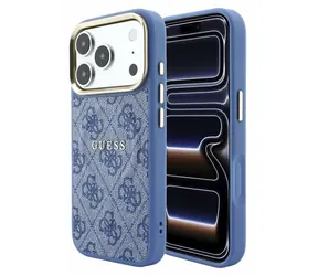 Guess PU-Leder 4G Goldrahmen geprägte Hülle für iPhone 18 Pro blau / Rückseite / MagSafe / Apple iPhone 18 Pro