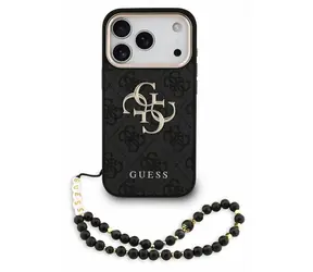 Guess PU 4G Metall Logo -Armband für iPhone 18 Pro, schwarz / Rückseite / Kunstleder / Logo