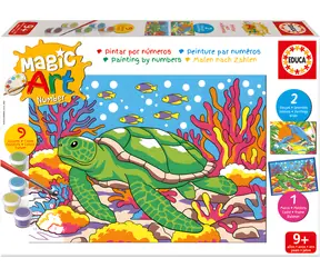 Educa Malen nach Zahlen: Delfine und Schildkröte / 2 Bilder 20,5 × 15,5 cm / Set mit Rahmen und Pinsel