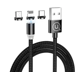 USAMS SJ438 U-Sure schwarzes magnetisches Datenkabel / 3-in-1 / USB-C, Micro-USB, Lightning / 1 m