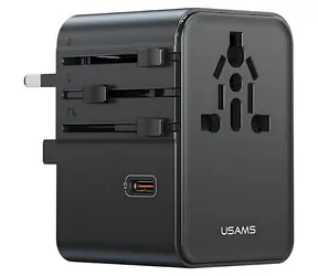 USAMS CC310 schwarz / Reiseadapter / 3x USB-C / 2x USB-A / 70 W / 4-in-1 US/AU/ EU/UK
