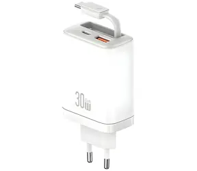 USAMS Xiang Series CC296 weiß / Ladegerät / GaN / 30 W / 1x USB-C / 1x USB-A / integriertes USB-C-Kabel