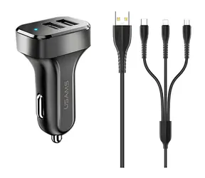 USAMS C13 3-in-1 Autoladegerät und Kabel, schwarz / Autoladegerät / 2x USB / 2,1 A / Micro-USB, USB-C, Lightning