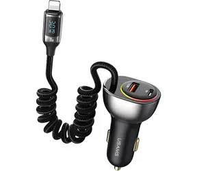 USAMS CC193 + Lightning-Kabel schwarz / Kfz-Ladegerät / 60 W / 1x USB / 1x USB-C / PD 30 W