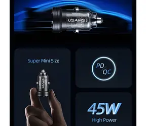 USAMS C35 schwarz / Kfz-Ladegerät / USB-C + USB-A / 45 W / PD, QC