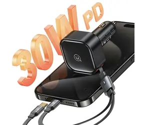 USAMS US-CC220 2x USB-C schwarz / Kfz-Ladegerät / Schrumpfschlauch / PD 30W / 2-in-1