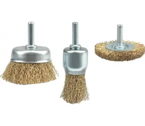 Vorel Drahtbürsten-Set mit Bohrmaschinenaufsatz / 3-teilig / Messingbeschichteter Draht