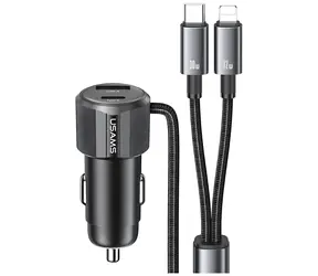 USAMS YT Series CC287 schwarz / Kfz-Ladegerät / 66 W / 1x USB-C + 1x USB-A / PD, QC / USB-C/Lightning-Kabel