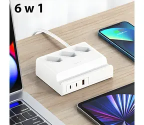 USAMS CC160TC01 weiß / Verlängerungskabel / 3x Netzstecker (EU ) / 2x USB-C, USB-A / 65 W / 2 m Kabel
