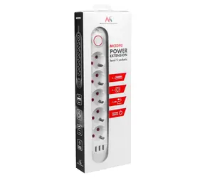 MCE395 W weiß / Verlängerungskabel / 5 Steckdosen + 3 USB-A-Anschlüsse / Ein-/Ausschalter / 2500 W / 1,5 m