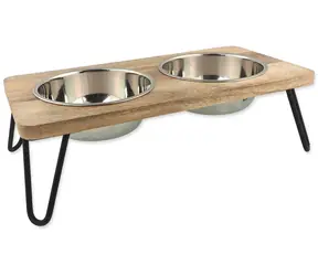 DOG FANTASY Edelstahlnäpfe mit Holzständer / 2 x 850 ml / Eisenbeine