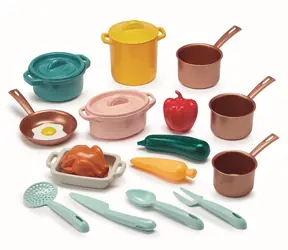 ECOIFFIER Großes Geschirr- und Lebensmittelset / Geschirrset für die Kinderküche / 20-teilig / Box dient gleichzeitig als Herd