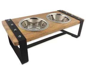 Hundenapf aus Edelstahl mit Holzständer / Hundenapf / 2 x 840 ml / Edelstahl, Holz, Eisen