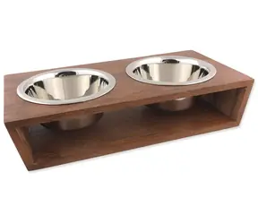 Hunde-Fantasie-Napfständer aus Holz / Edelstahlnäpfe / 2 x 0,84 l