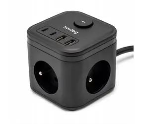 Huslog HUS1003 schwarz / Verlängerungskabel / 3 Steckdosen / 2x USB-A, 2x USB-C / 140 cm