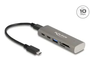 DeLock USB-C Hub, grau / USB-Hub / 10 Gbit/s / 3 × USB-C + 1 × USB-A / SD- und microSD-Kartenleser
