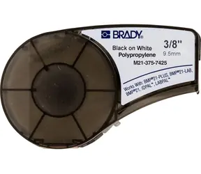 BRADY Polypropylen-Klebeband für BMP21, IDPAL, LABPAL, Schwarz auf Weiß / Etikettendruckerband / 9,53 mm x 6,4 m