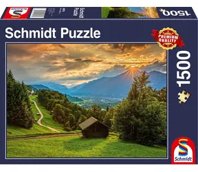 Schmidt Puzzle Sonnenuntergang über dem Bergdorf Wamberg / 1500 Teile / 83,6 x 58,8 cm