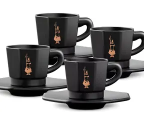 Bialetti Perfetto Moka schwarz / Set Espressotassen und Untertassen / 4× 75 ml