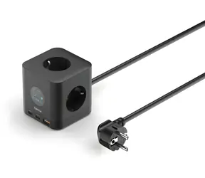 HAMA Verlängerungskabel Cube schwarz / Verlängerungskabel / 3 Steckdosen / 2x USB-C + 1x USB-A / PD 67 W / Display / 1,4 m