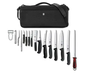 VICTORINOX Kompaktes Kochmesserset in Tasche, Schwarz / Messerset / 16-teilig / Swiss Classic und Fibrox