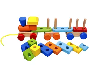 Bino Nachzieheisenbahn für Babys mit Steckbausteinen / 2 Waggons / Holz / ab 18 Monaten