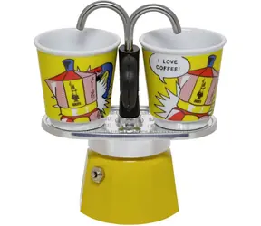Bialetti MINI EXPRESS Set Lichtenstein gelb / Set: Fountain Mokkakanne (90 ml) + 2x Becher (Roy Lichtenstein)