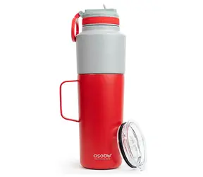 Asobu Doppelpack Flasche mit Becher rot 0,9 L + 0,6 L / Thermosflasche + Becher / Edelstahl