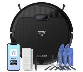 Niceboy ION Charles i3 PLUS schwarz / Roboterstaubsauger mit Wischmopp / Saugleistung 2500 Pa / Staubbehälter 400 ml / HEPA 