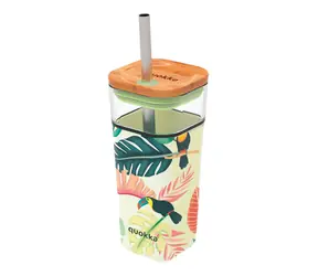 Quokka Liquid Cube Tropical Toucans Glas-Reisebecher mit Strohhalm, 540 ml