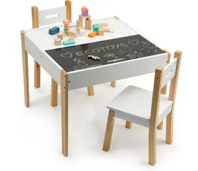 ECOTOYS Kinderholztisch mit Tafel und zwei Stühlen