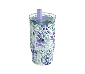 Quokka Edelstahl-Thermosbecher mit Strohhalm, Mist Violet Blooms, 720 ml