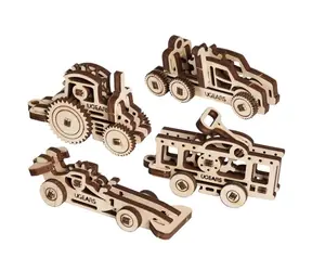 Ugears 3D-Mechanisches Holzpuzzle mit 4 mechanischen Anhängern und Fahrzeugen / Ab 5 Jahren / 62 Teile / Schwierigkeit: Niedrig
