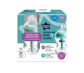 Tommee Tippee Advanced ANTI-COLIC selbststerilisierende Babyflasche, langsamer Durchfluss, 260 ml, ab 0 Monaten, 2 Stück, grün